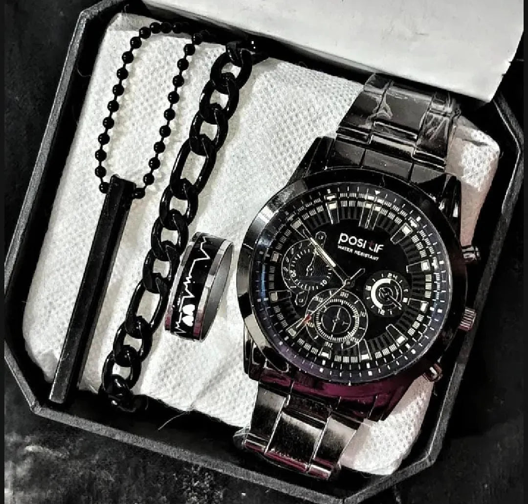 business steel straps round dial wrist watches hand watch-silver watch- men watches-watch for boys-watch for men-watch for kids-watch for young's-watch for boys + Bracelet + With Chain+Ring -High Quality In Random Dial watch stylish-branded-watch