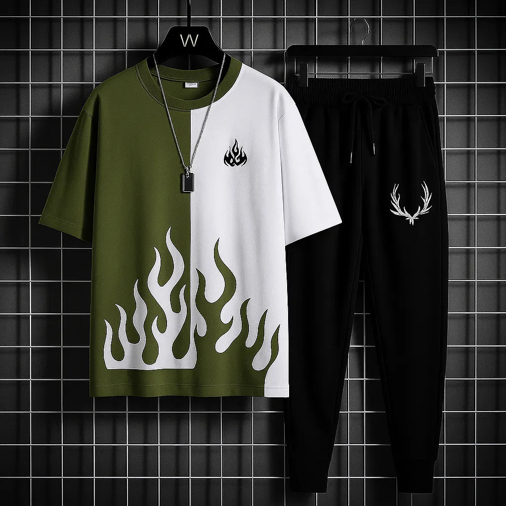 White & black markhor printed For Men & Boys - Soft & Comfy Fabric Summer Printed / New trendy fired printed black & white premium quality tracksuit for men and boys