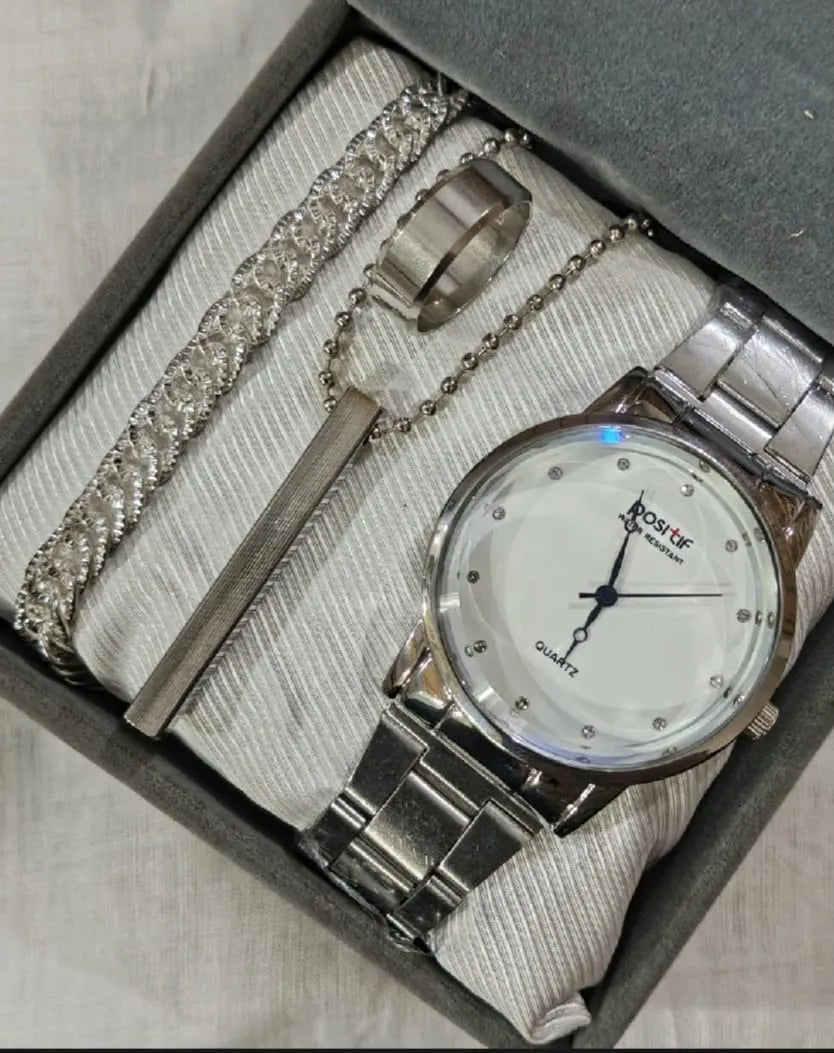 business steel straps round dial wrist watches hand watch-silver watch- men watches-watch for boys-watch for men-watch for kids-watch for young's-watch for boys + Bracelet + With Chain+Ring -High Quality In Random Dial watch stylish-branded-watch